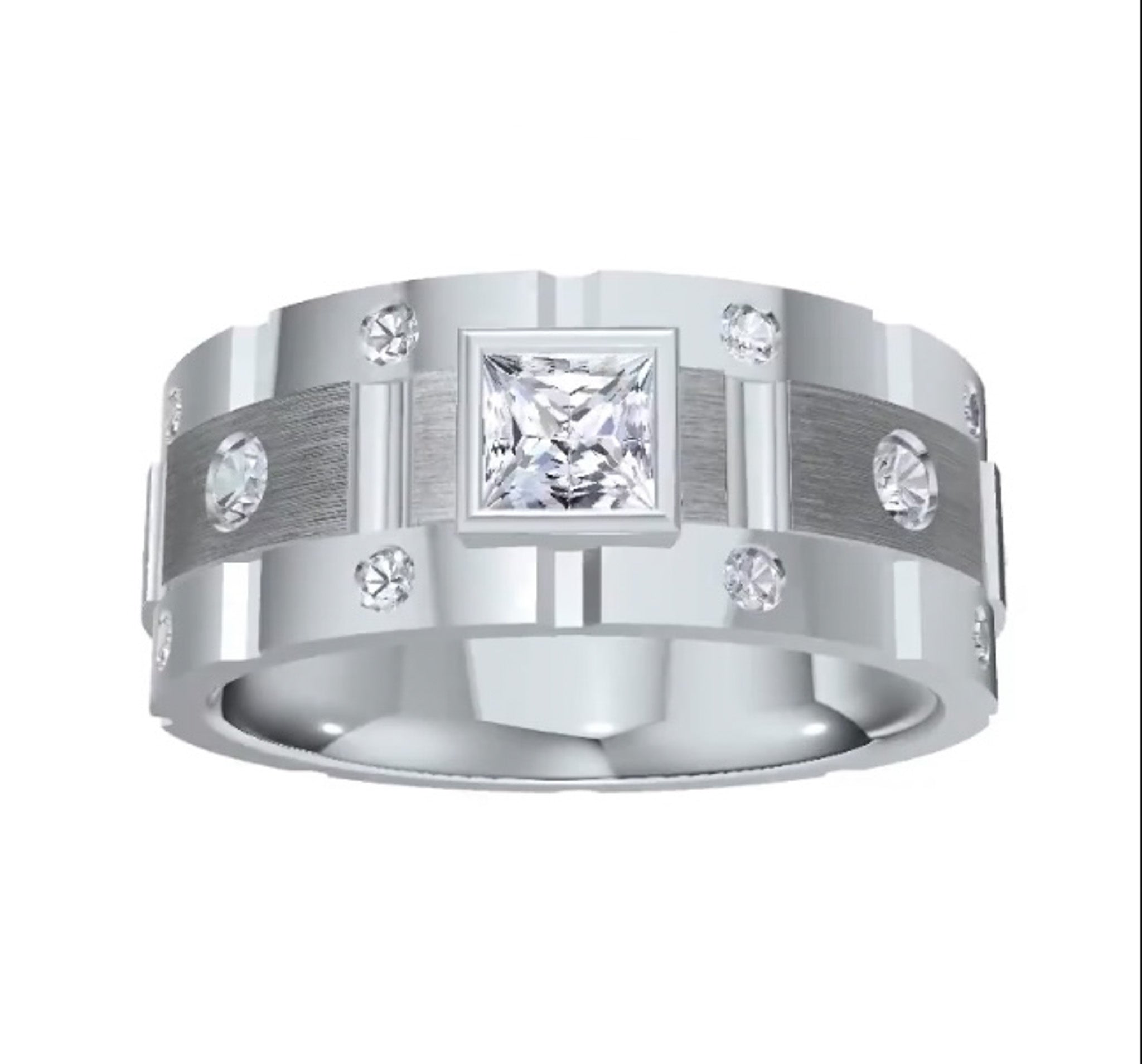 A 14kt white gold men's ring with bezel set diamonds and a princess cut center stone. It's name is "Leo."