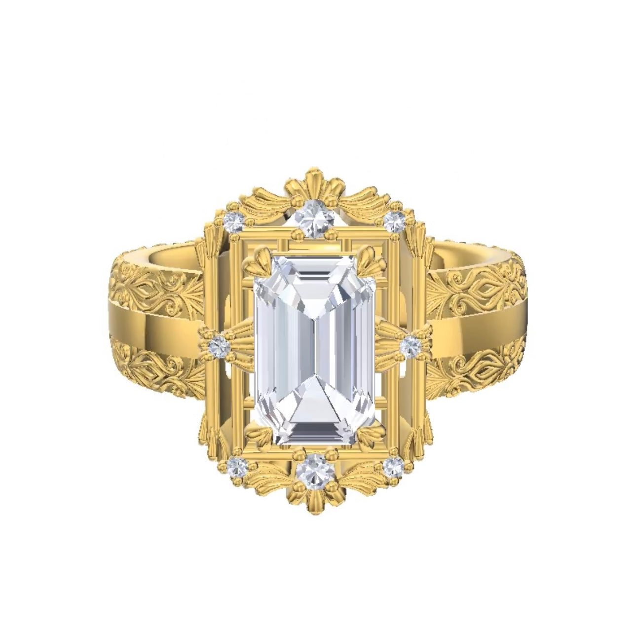 This is a 14kt yellow gold detialed elegant ring with an emerald cut diamond Centerstone and an art deco inspired halo with accent diamonds